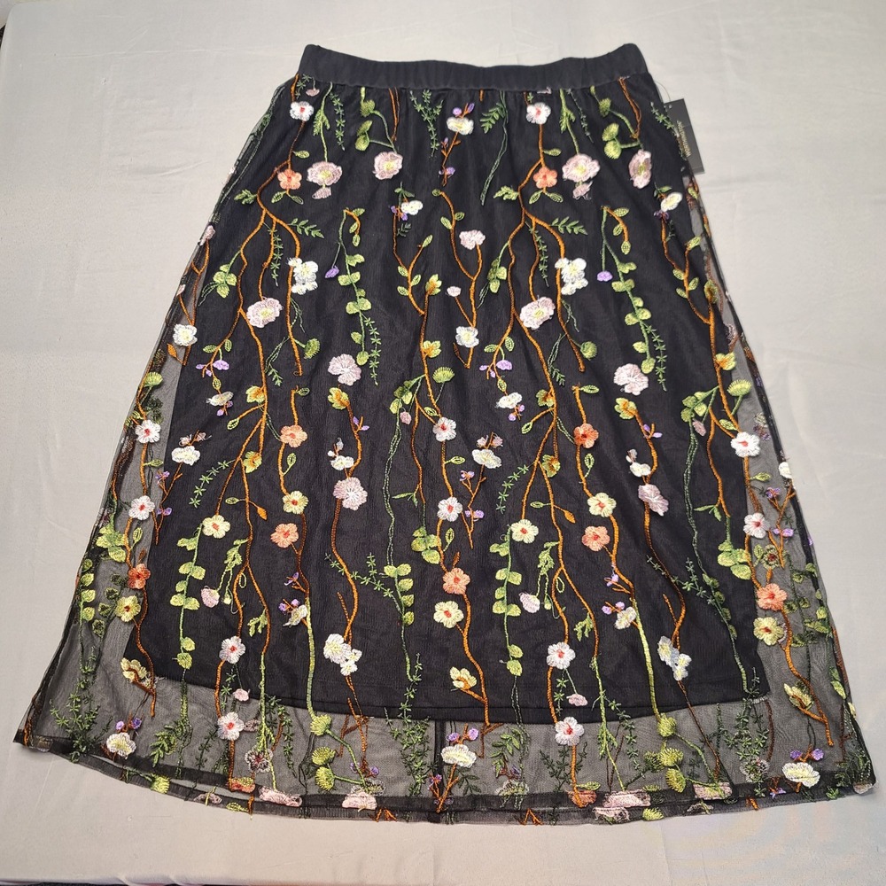 Worthington‎ Midi Skirt Womens Medium Black Floral Embroidered Mesh Overlay New